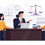 Advogado discute RPV do INSS com clientes, balança da justiça ao fundo.