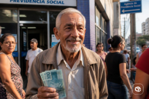 Idoso sorri segurando notas de R$ 100, possível antecipação de RPV