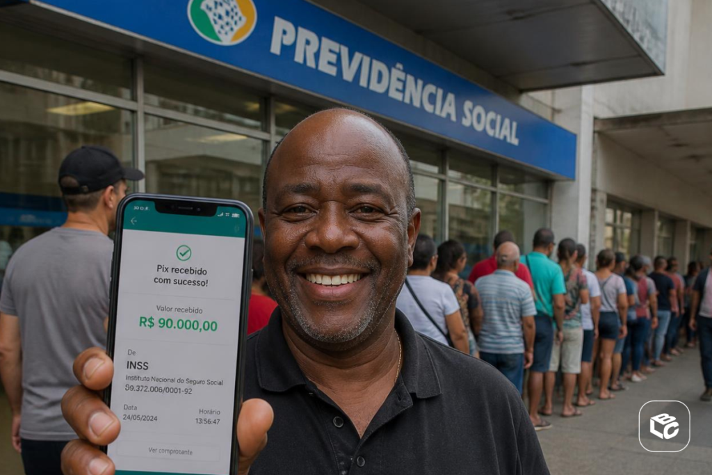 Homem sorri mostrando tela de celular com Pix do INSS de R$ 90 mil