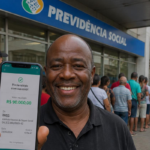 Homem sorri mostrando tela de celular com Pix do INSS de R$ 90 mil