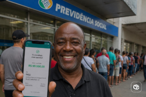 Homem sorri mostrando tela de celular com Pix do INSS de R$ 90 mil